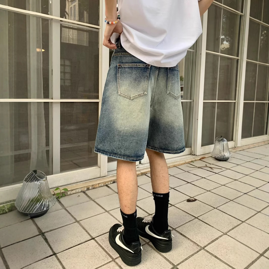 Unisex American Vintage Washed Distressed Denim Shorts, Casual Simple Loose Straight 5 Inch Street Trendy Classic Five Pocket Jeans Shorts For Men And_mkmklike.com