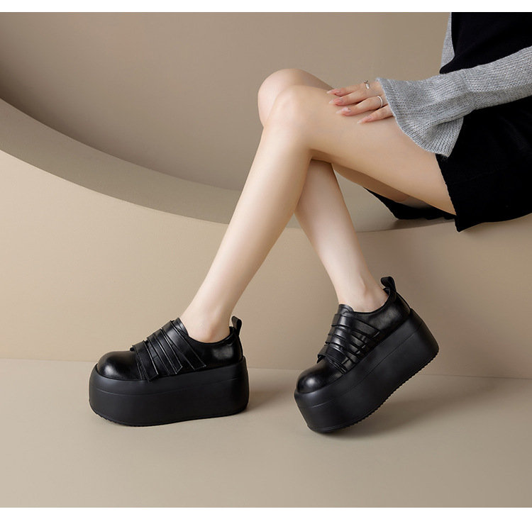 Giày loafer da thật đế xuồng cao 8cm, cổ miệng sâu, khóa Velcro tiện lợi — Màu đen, Màu đỏ chi tiết 6