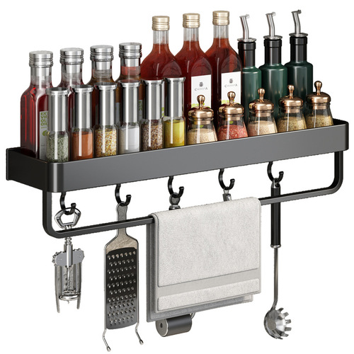 Black kitchen rack wall-mounted punch-free household space aluminum multi-functional storage knife holder seasoning rack