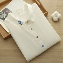 日系小清新刺绣白衬衫女长袖彩色扣子宽松全棉女士衬衣长袖上衣