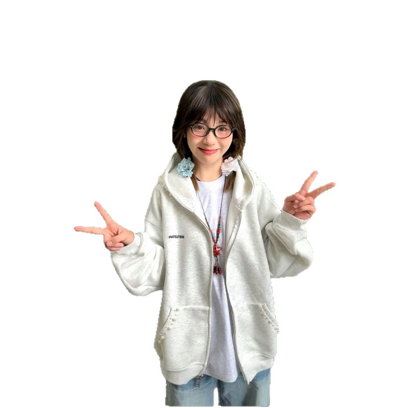 国潮牌美式复古珍珠字母刺绣卫衣女春秋宽松休闲运动开衫连帽外套|undefined