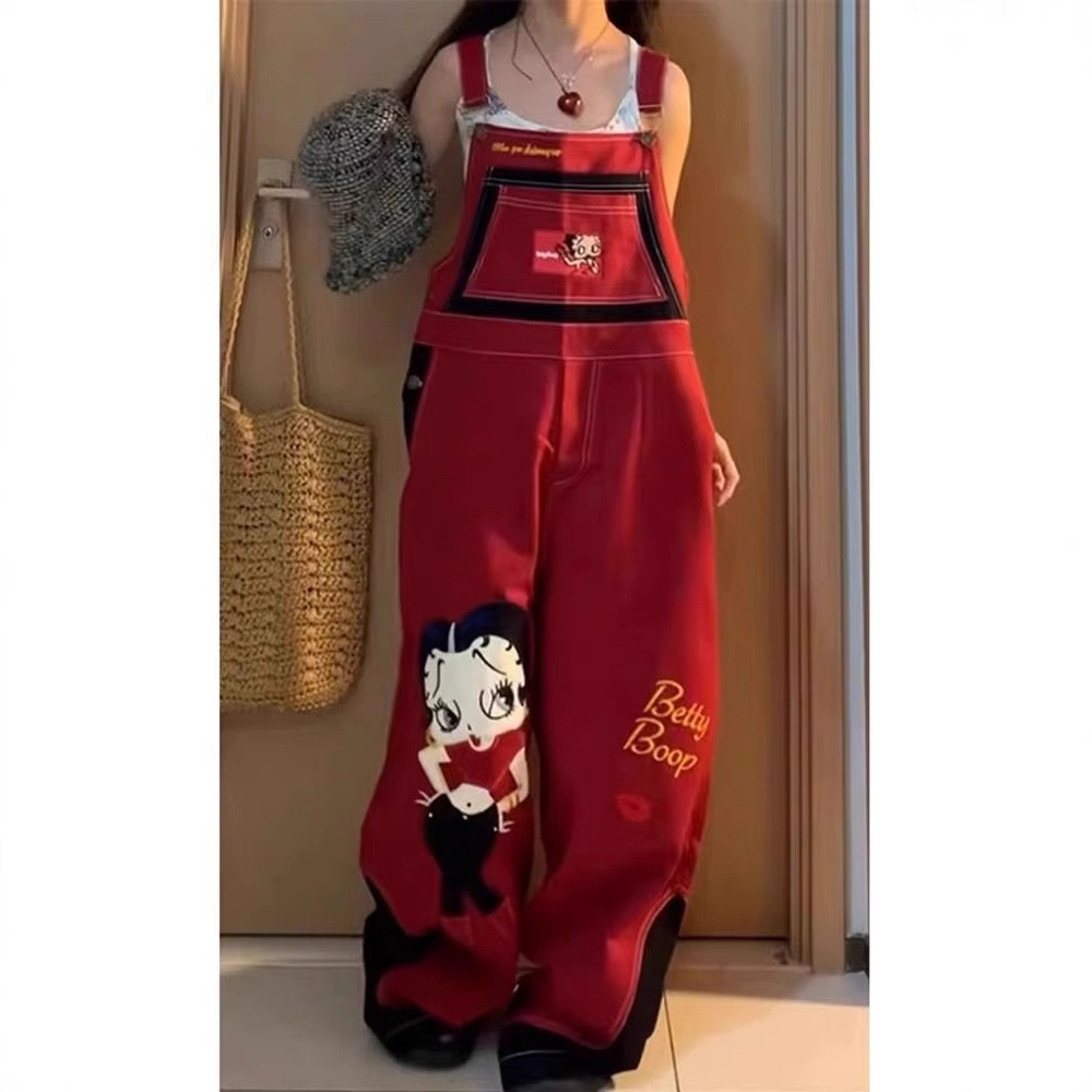 设计感街头趣味卡通牛仔背带裤女夏季新款显瘦慵懒风阔腿连体裤潮