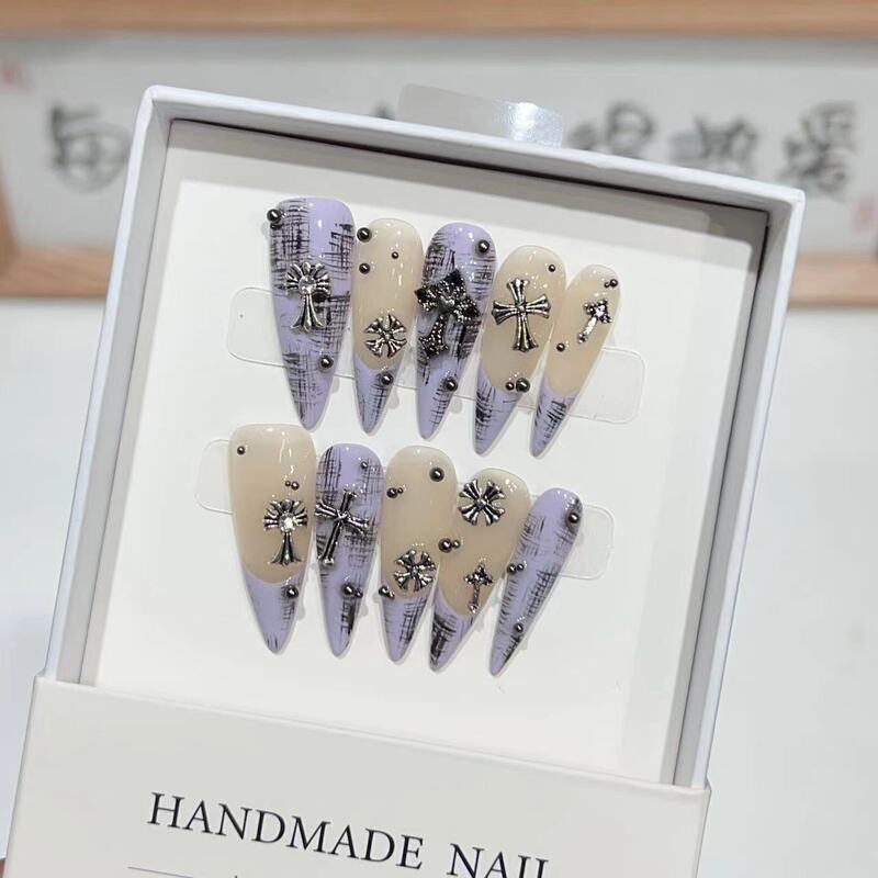 Nude French Purple Lavender Croheart Dressing Armor Handmade Fake Nail Patch Removable Nail Art Wholesale