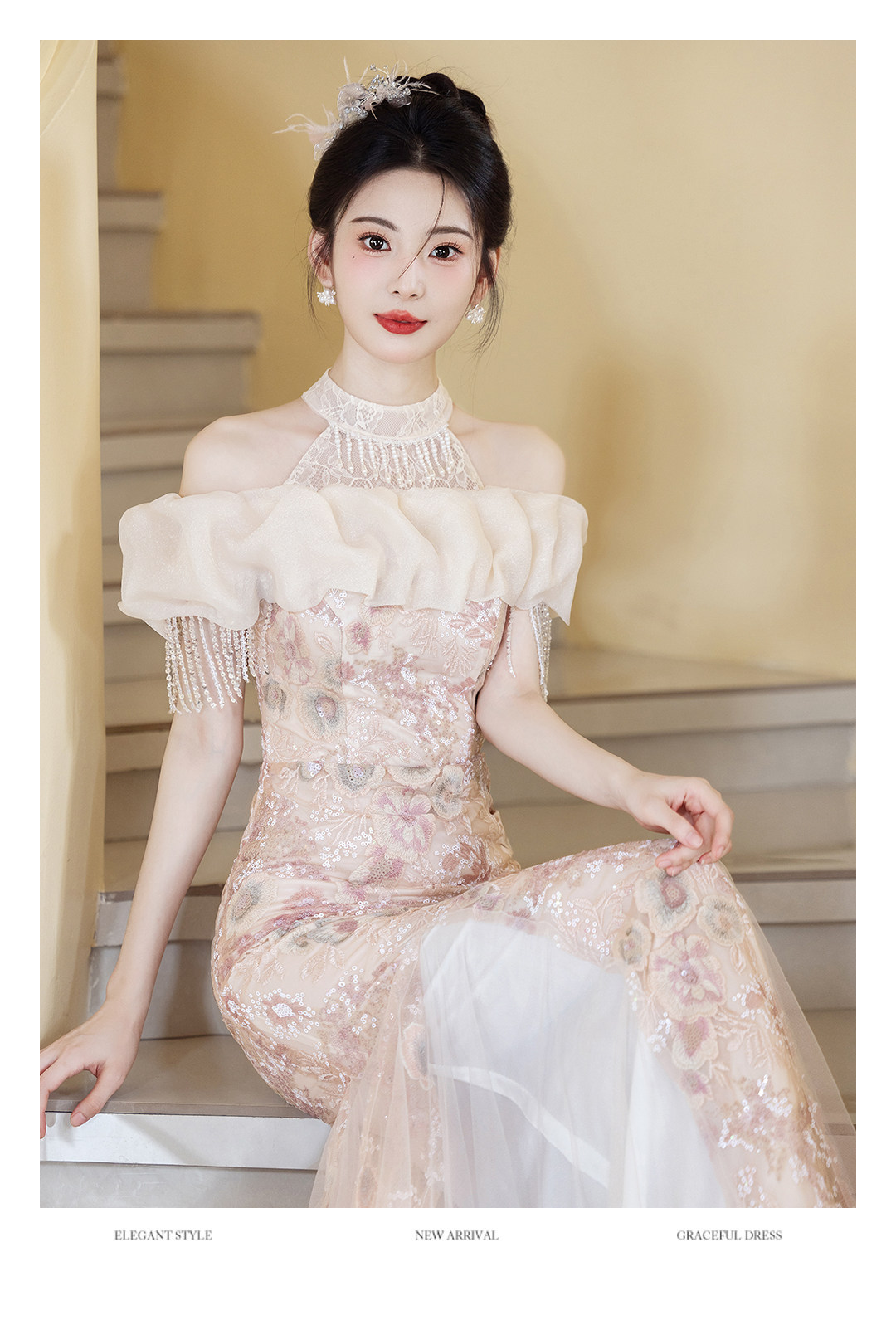 Pink Mermaid Style Bridal Gown Halter Neck off Shoulder Evening Dress Understated Luxury Niche Adult Emcee Morning Robe Toasting Dress_ecoleips.com