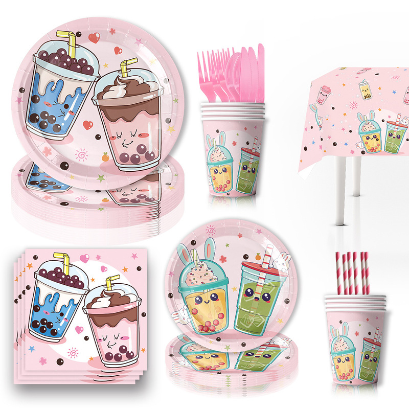 Boba tea party tea party tea party theme tableware paper plate paper cup tissue tablecloth party supplies