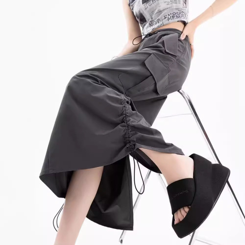 American-style cool and trendy girl's quick-drying, wrinkle-resistant drawstring work skirt—summer vintage loose-fitting casual straight-leg skirt with a back slit.