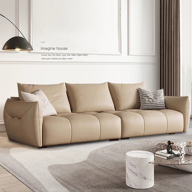 Italiano minimalista sofá de cuero sala de estar pequeño apartamento combinación moderna minimalista Luz de lujo crema estilo fila recta de tres plazas