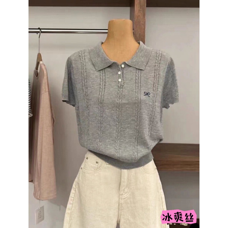 South Korea Dongdaemun High-end Explosions Polo Lel Ice Silk Knitted Short-sleeved T-shirt Women's Summer Grey Elegant Top