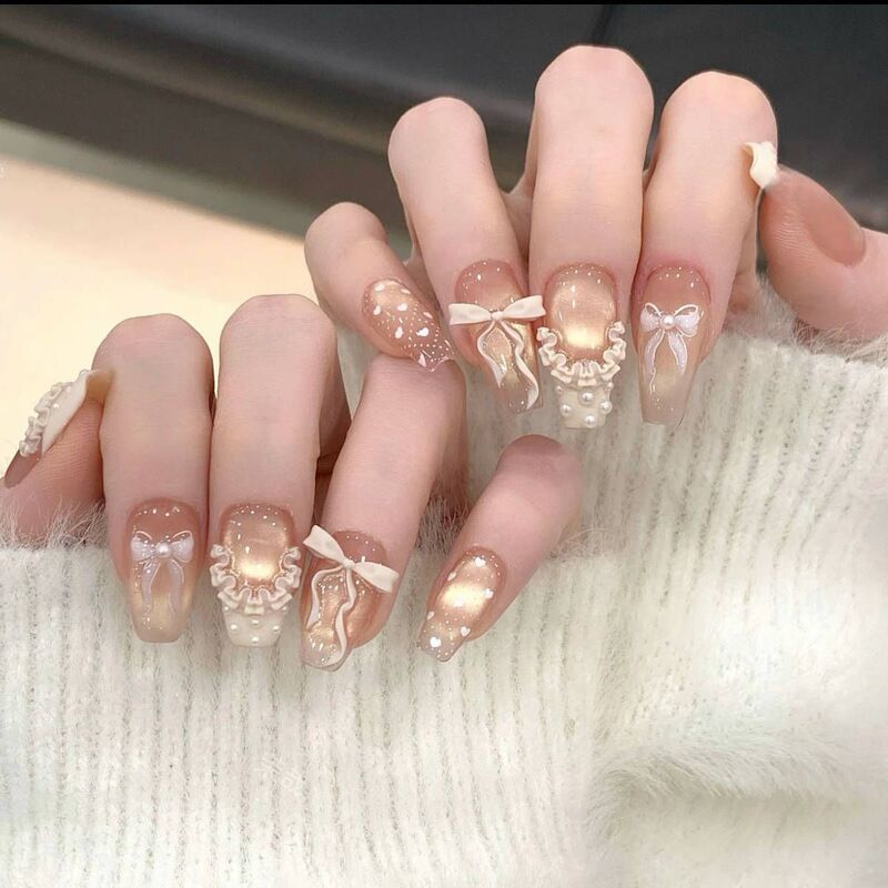 [Cream Cake] Handmade Manicure, High-Quality Boutique Cat-Eye French Bow, High-End and Popular Manicure