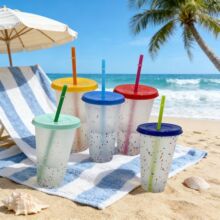 可定质七彩PP塑料变色杯 彩虹吸管杯 冷水感温塑料变色杯现货直供