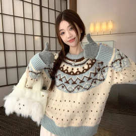 复古费尔岛菱格圆领毛衣女秋季新款韩系慵懒气质显瘦宽松百搭上衣