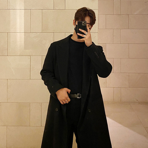 Men's winter windproof thick long coat, Korean style casual fashion cashmere outerwear