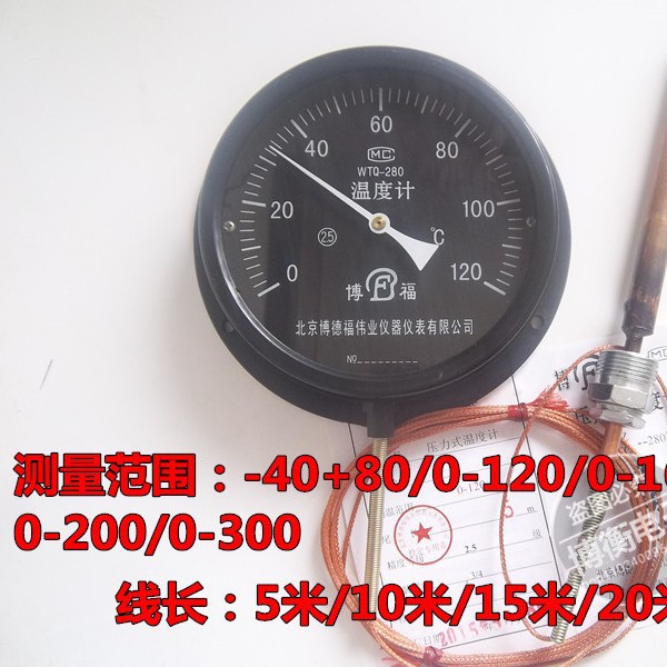 WTZ-280压力式温度计-40+80 0-120-160-200-300℃工业锅炉用5米线