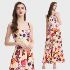 胸パッド付きの新しい夏のプリントラバーストレッチベストとハイウエストのAラインドレスの実物写真