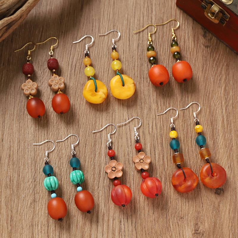 Retro ethnic elegant earrings wax agate, Chinese style, high-quality style, ethnic style, bright catchy style