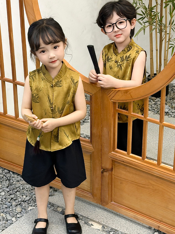 男の子の夏の中国風唐スーツ 2025 新しい子供の漢服ベビーベスト新中国風のベスト 2 点セット|undefined