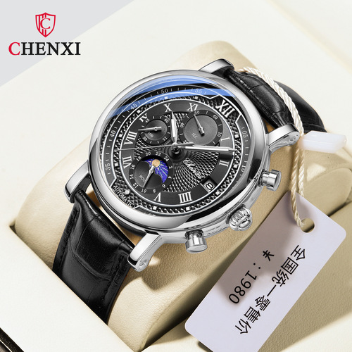 Chenxi multifunctional true three-eye six-pin men's watch moon phase calendar timing business live broadcast cross-border manufacturer quartz watch