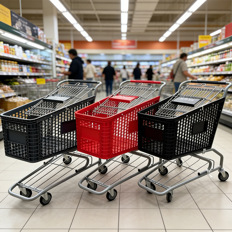 Supermercados transfronterizos, centros comerciales, carritos, fabricantes multicolores, carritos de compras de supermercados europeos estadounidenses de gran capacidad