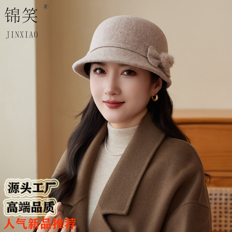 新款秋冬季中老年人时尚百搭羊毛短檐盆帽户外优雅气质保暖帽子潮|undefined