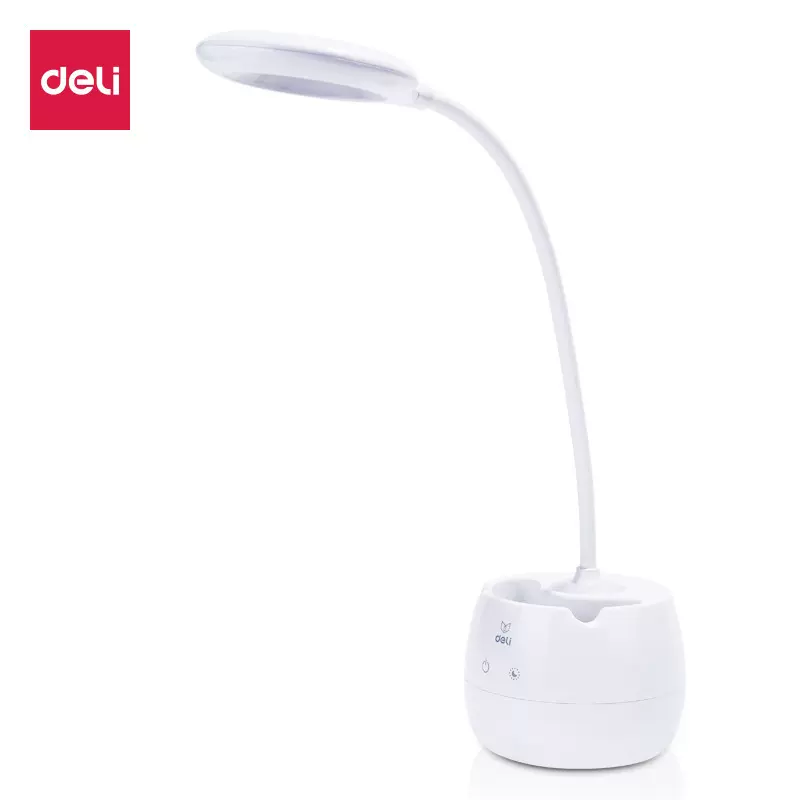 得力4326笔筒式台灯三挡调节办公桌面灯环形USB充电学习照明可用