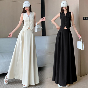 Ys8 Real Shot of Summer New High-End Elegant Lace Splicing Top + High-Waisted A-Line Long Skirt Two-Piece Set