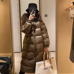 max家2025欧美冬季新款女士加厚羽绒服长款狐狸毛领直筒连帽外套