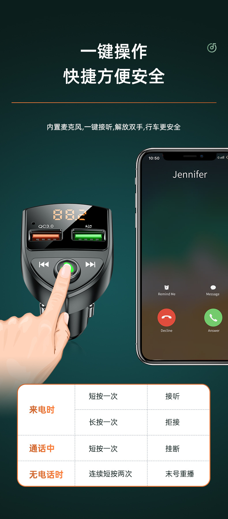 Cross-Border Manufacturer Direct Sales Car Mp3 Bluetooth Hands-Free Bluetooth Fm Transmitter Qc Fast Charging Car Charger Tf/Usb Playback