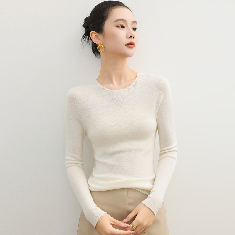 High-Definition Yangtze Yarn 120-Count Fine Seamless Bottoming Round Neck 100 Wool Knitwear Slim Slimming Look Thin Knitwear for Women