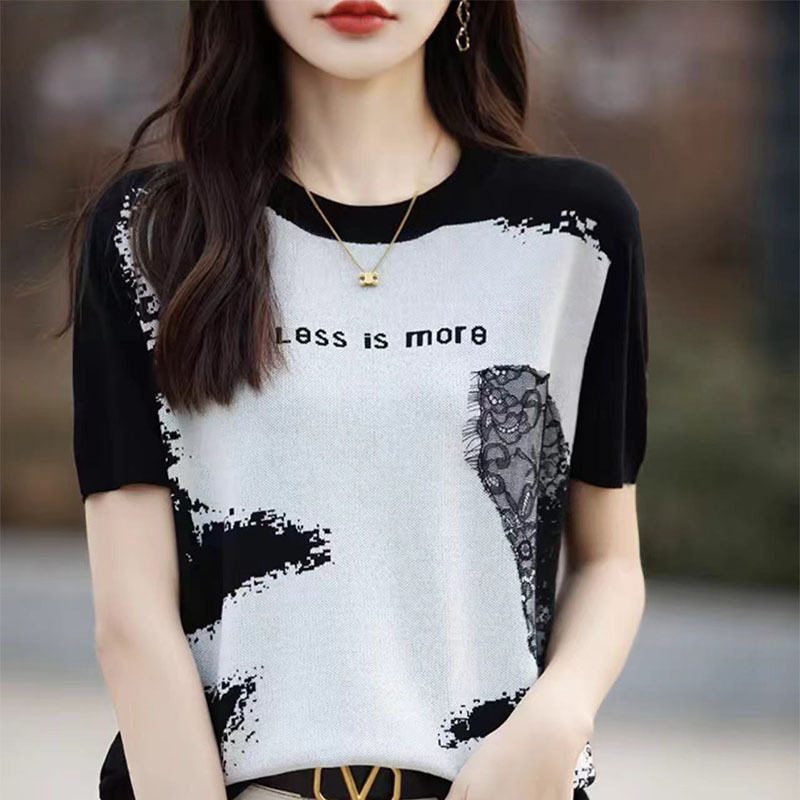 2024 Summer New Ice Silk Knitted Shirt Round Neck Short-sleeved Women's Color-matching Ink Painting Knitted Base Shirt Top