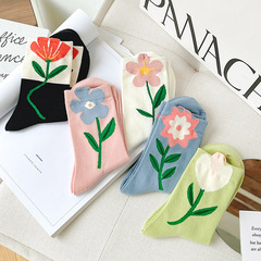 Red Book Style Socks Spring Summer Women's Socks Trendy Mid-Calf Socks Forest System Women's Socks 3D Flower Tulip Socks For Ladies