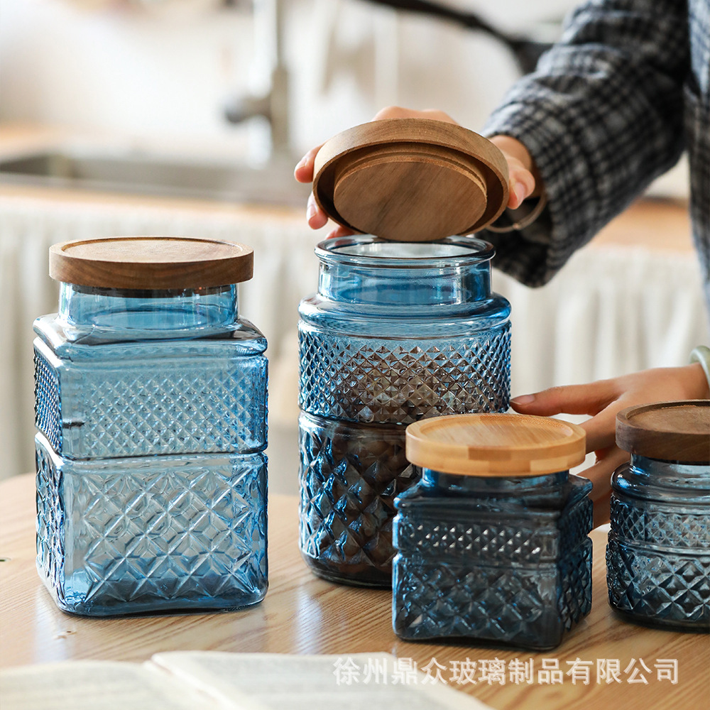 Nuevo vidrio de colores chino sellado de latas de palacio cocina cuadrada granos de café almacenamiento de granos al por mayor