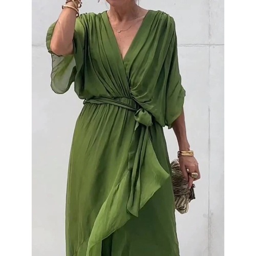 2024 New European and American Women's Cross-border Amazon Solid Color Series Long Dress with Batwing Sleeve and Irregular Hem Plus Size