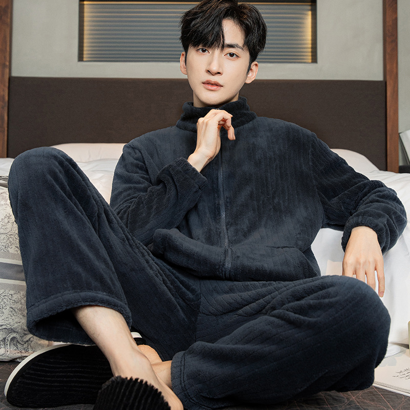 フランネルパジャマ男性は秋冬に保温襟ファスナーを厚くして長袖コーラルベルベットの住宅服カーディガンを厚くした