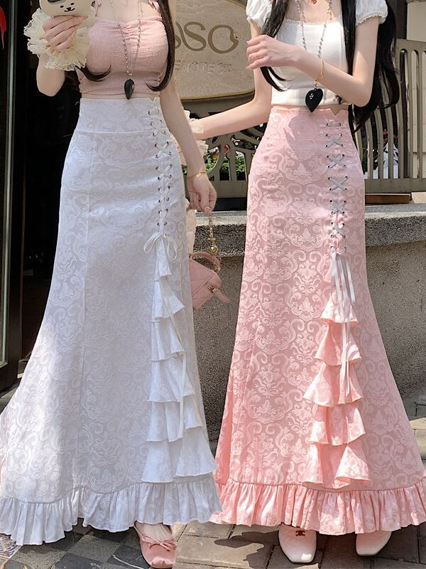 Gothic Long Skirt Victorian Court Medieval Punk Fishtail Lace-Up Waist-Cinching Printed Skirt