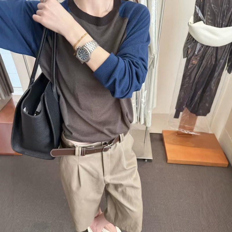 Now 2026 Korean Dongdaemun Merino Wool Old Money Style Minimalist Color-Block Round Neck Relaxed Early Autumn Long Sleeve Thin Knit Now 2026 Korean Dongdaemun Merino Wool Old Money Style Minimalist Color-Block Round Neck Relaxed Early Autumn Long Sleeve Thin Knit