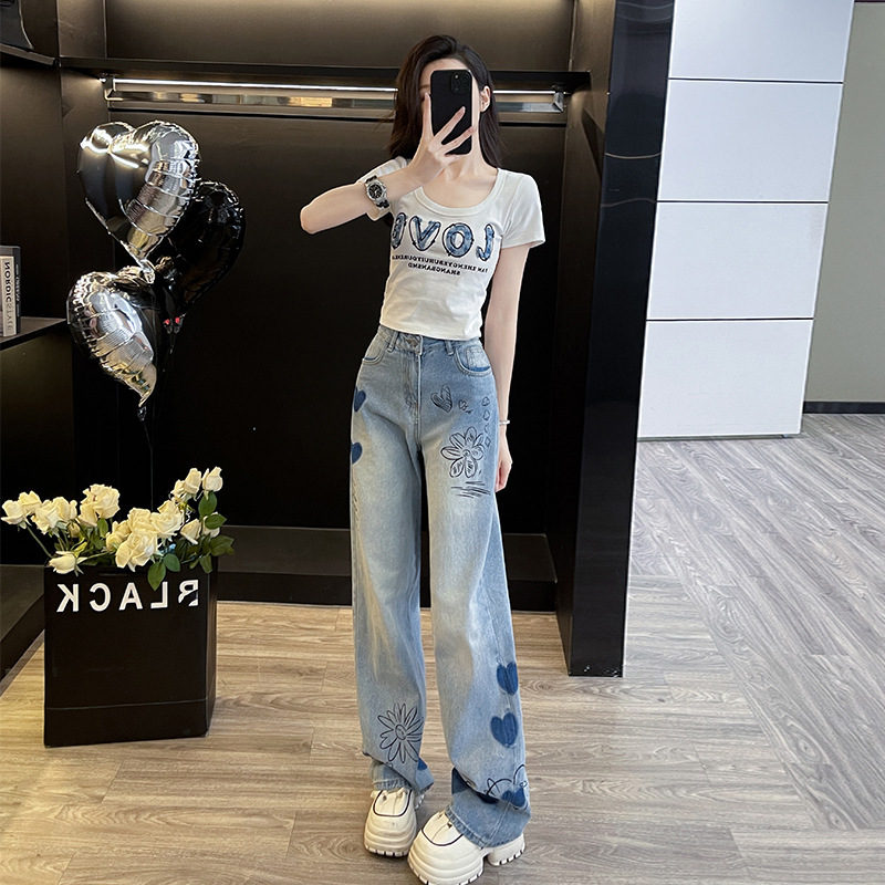 Printed Color-Blocked Denim Jeans for Women, Narrow Wide-Leg Pants Set, 2026 Spring/Summer New American-Style Short Top Fashion