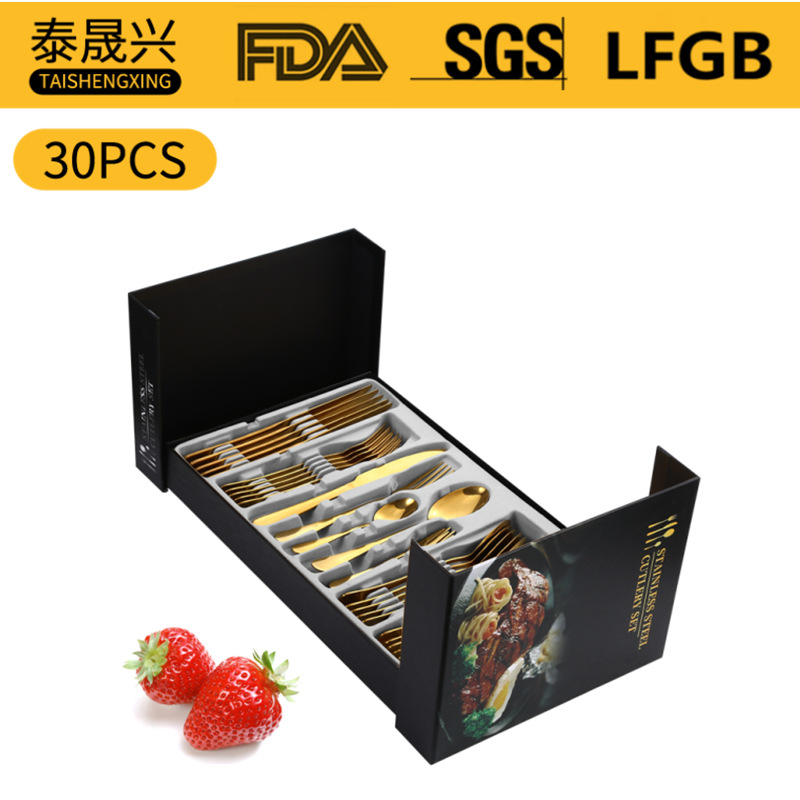Amazon Venta caliente vajilla de acero inoxidable 30 piezas traje 1010 cinco piezas principales transfronterizo occidental cuchillo de comida, tenedor y cuchara traje caja de regalo