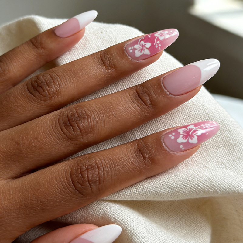 Cross-Border White French-Style Water Drop Almond Press-On Nails with Pink Blush and White Flowers, 24 Pieces