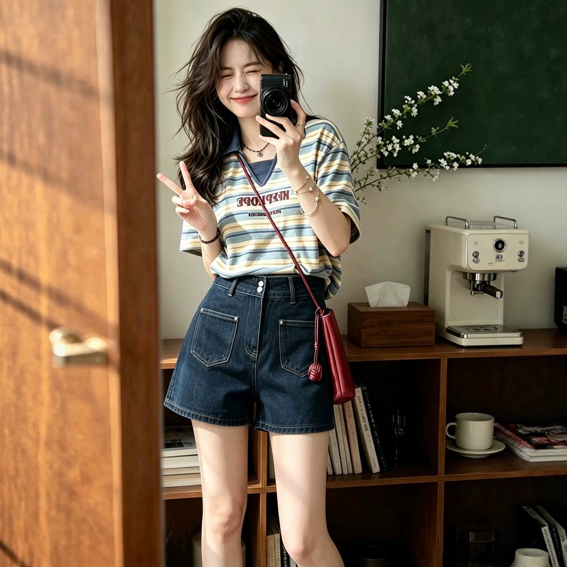 Color-blocked striped polo collar short-sleeved t-shirt and straight-leg jeans suit for women, summer French chic and unique top, Hong Kong style.