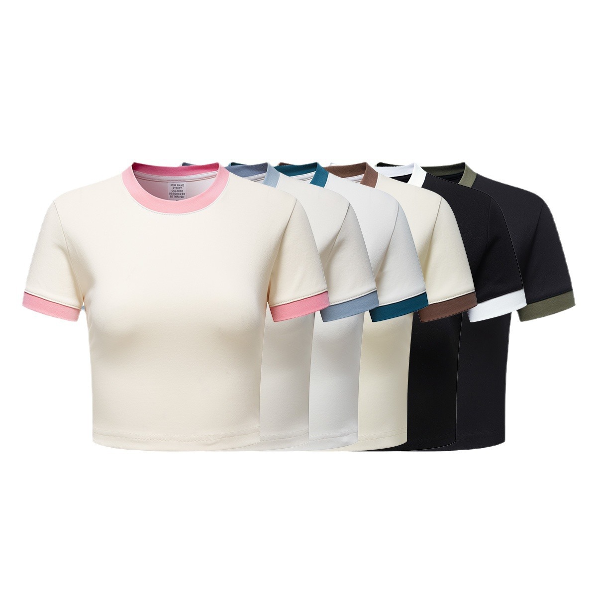 2025 primavera y verano estilo americano empalme retro contraste de color cuello redondo damas mangas cortas chicas calientes corto ombligo vestido de mujer hombro T mujeres image 6