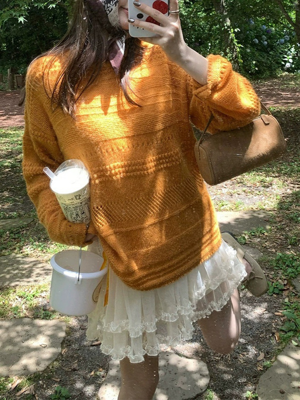 im向 闲暇周末~马海毛镂空提花圆领针织衫女秋宽松慵懒针织罩衫|undefined