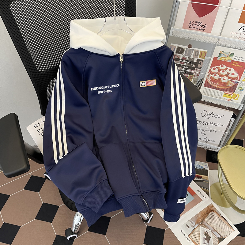 レトロなつなぎ合わせの3本のバーと帽子の衛衣の男女の新型の2024春秋のファスナーの野球服のカーディガンのジャケットのコート|undefined