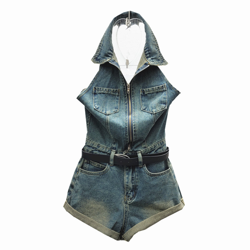Verano nuevo estilo coreano cuello POLO sin mangas Chaleco de un solo pecho + cintura alta curling pantalones cortos de pierna ancha traje de mezclilla de las mujeres