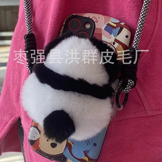 真獭兔毛可拆卸手机壳背夹斜挎可背带挂绳防摔ins卡通斜跨熊猫斜