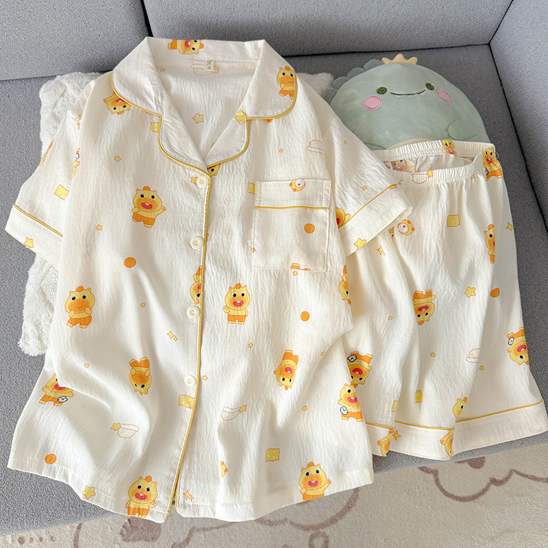 Capybara Lulu Cartoon Print Women's Pajamas Summer Short-Sleeved Shorts Set Lapel Cardigan Loose Home Wear