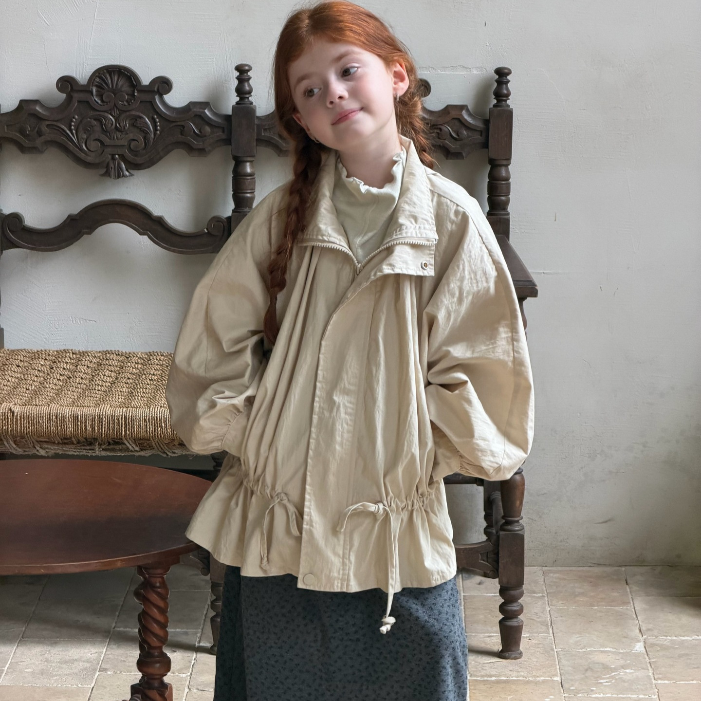 JianziDang Korean-style children's clothing 2026 autumn new girls' coat solid color casual mid-length trench coat