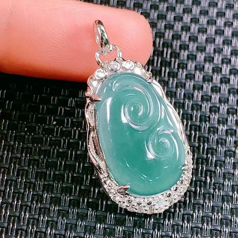 天然a货翡翠危料如意S925银镶冰种玉石吊坠女款项链挂件直播货源