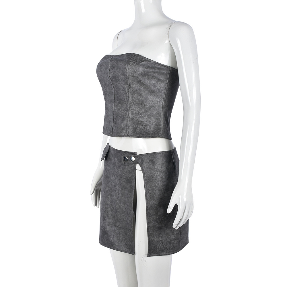 Slim Fit Wrapped Chest Sheath Split Faux Leather Skirt Set Women Clothing