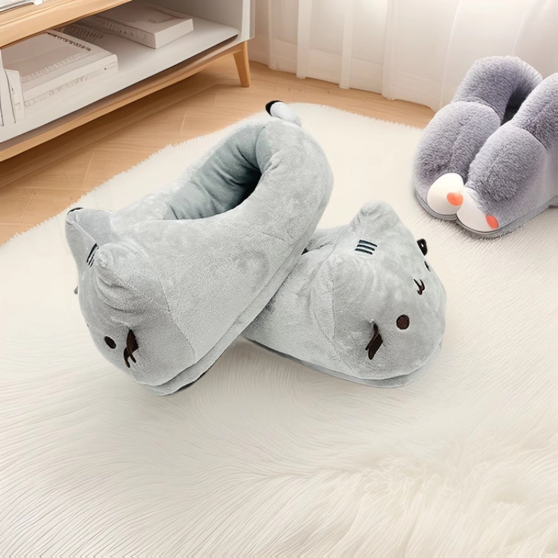 Cross-Border Cartoon Fat Gray Cat Anime Slippers Indoor Home Warm Autumn and Winter Cat Couple Plush Cotton Shoes Cotton Slippers