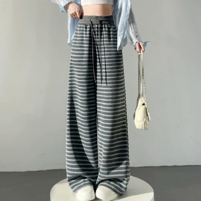クロスボーダー卸売レトロアイスシルクストライプカジュアルパンツワイドレッグパンツ女性の春夏の新しいハイウエスト巾着ルーズストレートパンツ|undefined